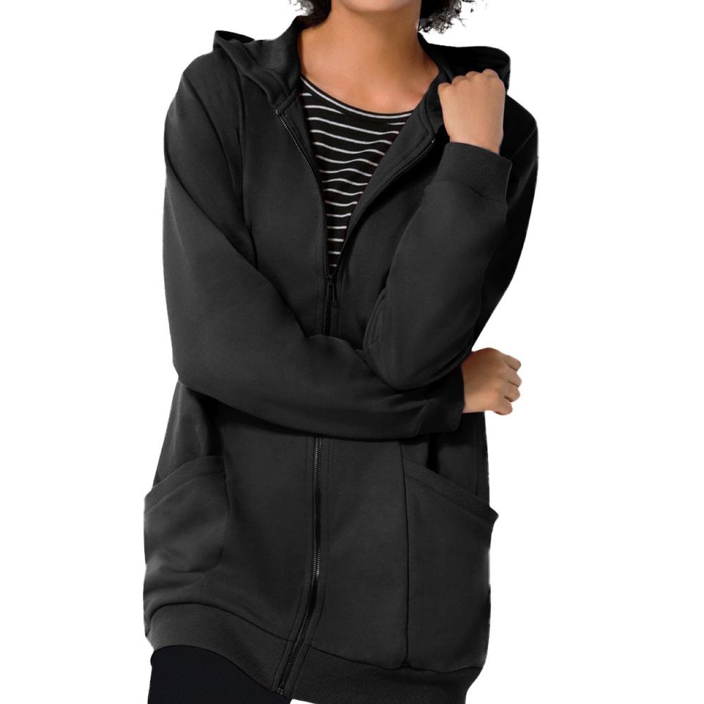 WOMAN WITHIN Plus Women's Black Longline Full Zip Hoodie Sweatshirt Tunic Jacket